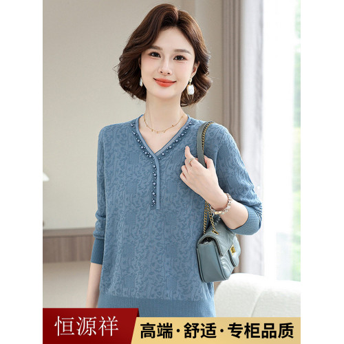 恒源祥中年媽媽秋裝上衣時尚洋氣針織毛衫中年婦女春秋長袖打底衫