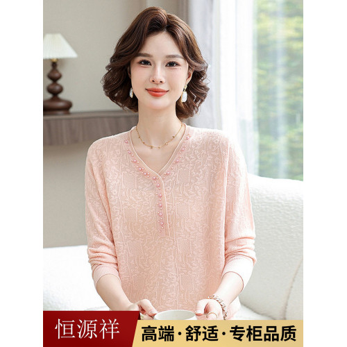 恒源祥中年媽媽秋裝上衣時尚洋氣針織毛衫中年婦女春秋長袖打底衫