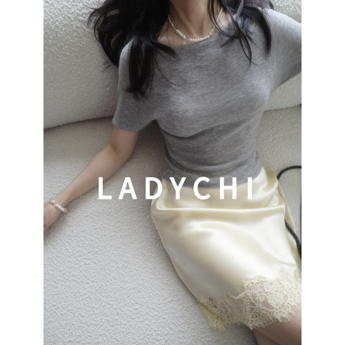 LadyChi  敭子紗100羊毛薄款透氣無縫一字領針織短袖短款打底衫夏