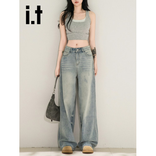 it:CHOCOOLATE淺色濶腿女牛仔褲美式復古直筒新款長褲子高街褲子