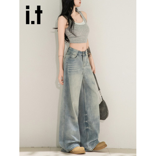 it:CHOCOOLATE淺色濶腿女牛仔褲美式復古直筒新款長褲子高街褲子