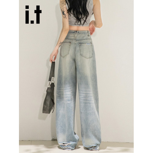 it:CHOCOOLATE淺色濶腿女牛仔褲美式復古直筒新款長褲子高街褲子