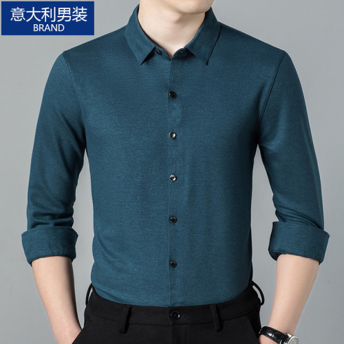 意大利品牌純色羊絨襯衫男春秋季新款抗皺抗磨打底衫中老年人長袖