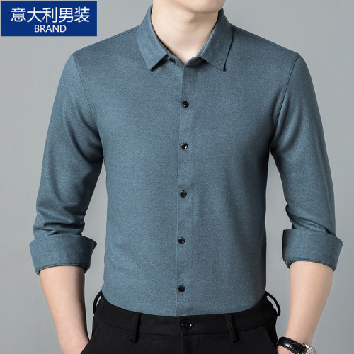 意大利品牌純色羊絨襯衫男春秋季新款抗皺抗磨打底衫中老年人長袖