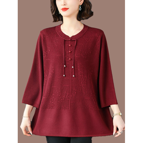 中老年媽媽裝針織衫女寬松薄款七分袖上衣夏季大碼中袖冰絲打底衫