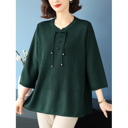 中老年媽媽裝針織衫女寬松薄款七分袖上衣夏季大碼中袖冰絲打底衫