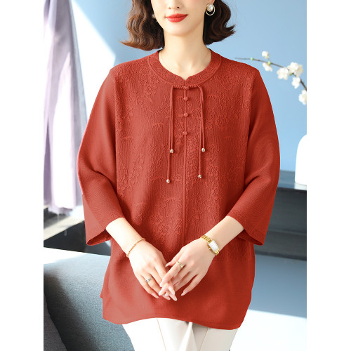 中老年媽媽裝針織衫女寬松薄款七分袖上衣夏季大碼中袖冰絲打底衫