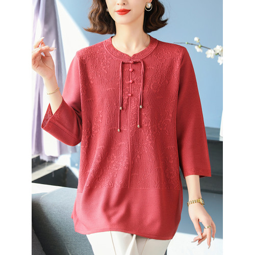 中老年媽媽裝針織衫女寬松薄款七分袖上衣夏季大碼中袖冰絲打底衫