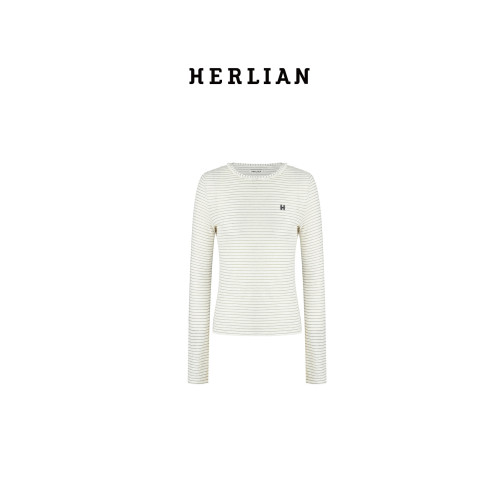 HERLIAN 秋季新品女士蕾絲領條紋長袖打底衫