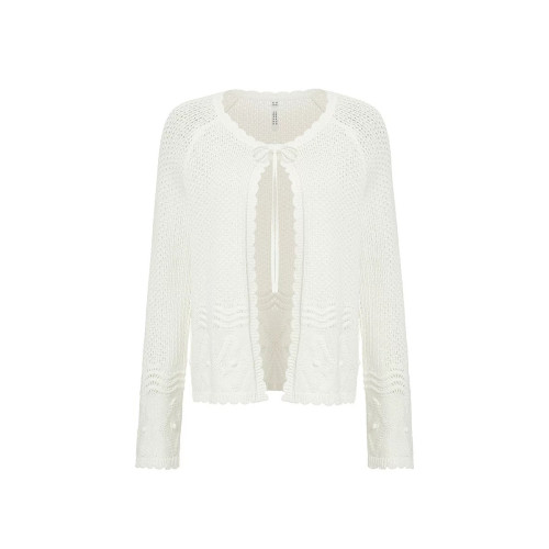 2025春季新款女裝白色鏤空長袖毛針織衫女寬松圓領套頭打底衫