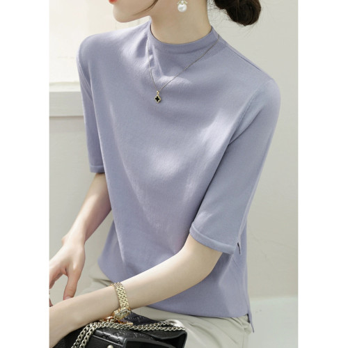 高級紫色半高領寬松五分袖針織打底衫女新款2025夏季正肩中袖上衣