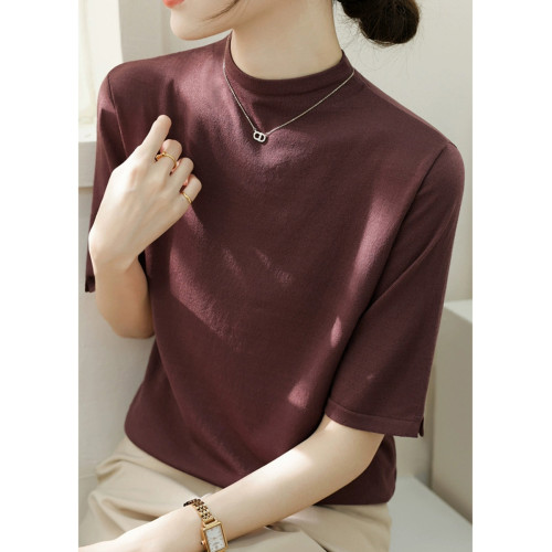 高級紫色半高領寬松五分袖針織打底衫女新款2025夏季正肩中袖上衣