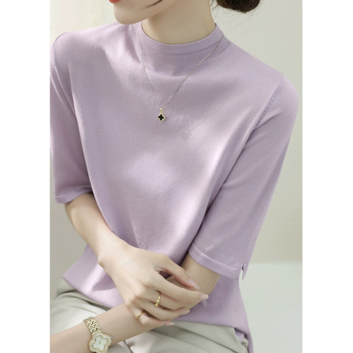 高級紫色半高領寬松五分袖針織打底衫女新款2025夏季正肩中袖上衣