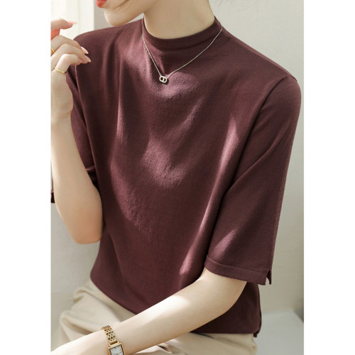 高級紫色半高領寬松五分袖針織打底衫女新款2025夏季正肩中袖上衣