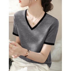 夏季V領套頭高級感短袖拼色上衣女2025年新款寬松薄款氣質打底衫