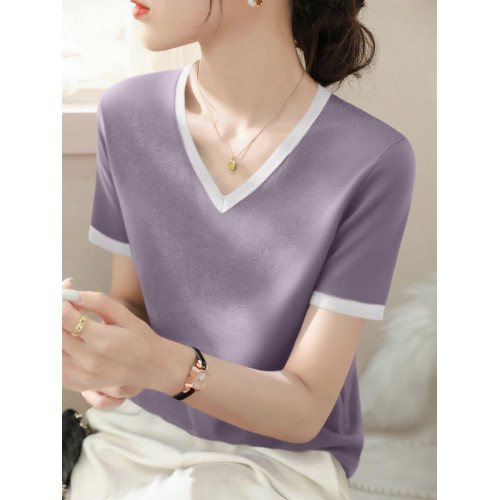 夏季V領套頭高級感短袖拼色上衣女2025年新款寬松薄款氣質打底衫