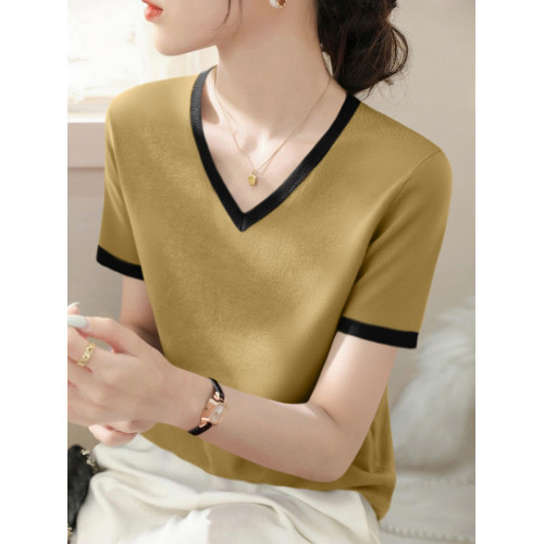 夏季V領套頭高級感短袖拼色上衣女2025年新款寬松薄款氣質打底衫