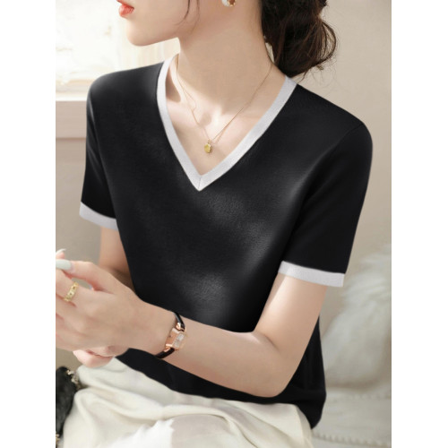 夏季V領套頭高級感短袖拼色上衣女2025年新款寬松薄款氣質打底衫