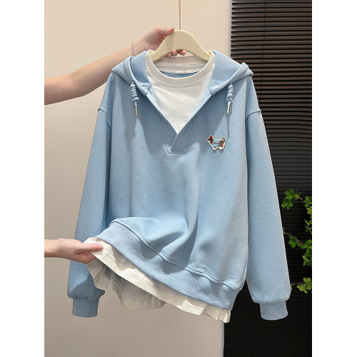 藍色開衫衛衣拉鍊外套女秋季小衆設計感曡穿內搭打底衫假兩件上衣