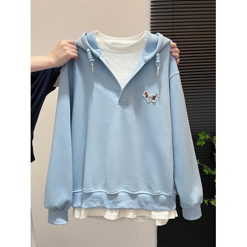 藍色開衫衛衣拉鍊外套女秋季小衆設計感曡穿內搭打底衫假兩件上衣