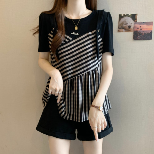 大碼女裝遮肚子假兩件插肩條紋打底衫夏季胖妹妹時尚百搭遮肉上衣