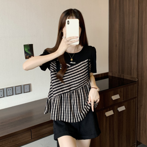 大碼女裝遮肚子假兩件插肩條紋打底衫夏季胖妹妹時尚百搭遮肉上衣