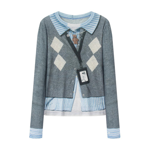 2025秋季新款時尚甜酷百搭菱格印花假兩件圓領打底衫女2530Z13724