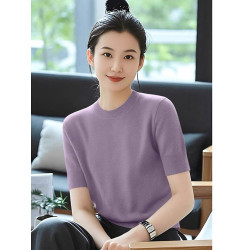 2025夏季新款圓領短袖針織衫女寬松顯瘦百搭上衣薄款毛衣打底衫女