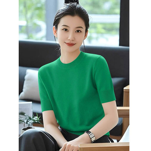 2025夏季新款圓領短袖針織衫女寬松顯瘦百搭上衣薄款毛衣打底衫女