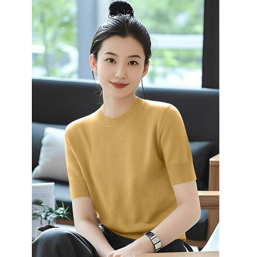 2025夏季新款圓領短袖針織衫女寬松顯瘦百搭上衣薄款毛衣打底衫女