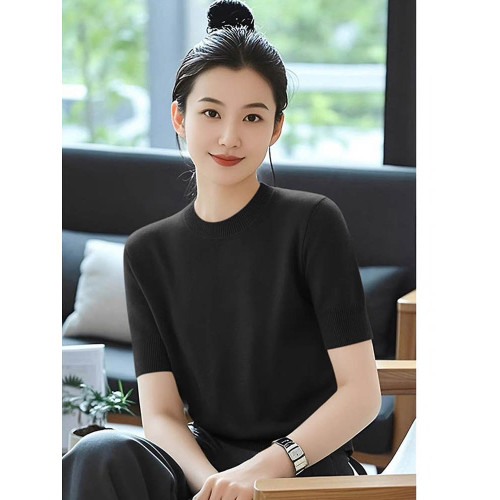 2025夏季新款圓領短袖針織衫女寬松顯瘦百搭上衣薄款毛衣打底衫女