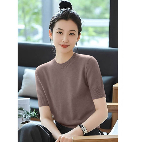 2025夏季新款圓領短袖針織衫女寬松顯瘦百搭上衣薄款毛衣打底衫女