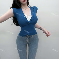 薄款冰絲v領飛飛袖針織衫女夏外穿內搭緊身韓版短款打底衫上衣