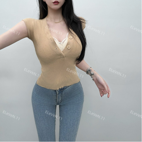 薄款冰絲v領飛飛袖針織衫女夏外穿內搭緊身韓版短款打底衫上衣