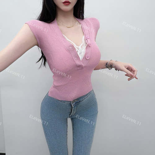 薄款冰絲v領飛飛袖針織衫女夏外穿內搭緊身韓版短款打底衫上衣