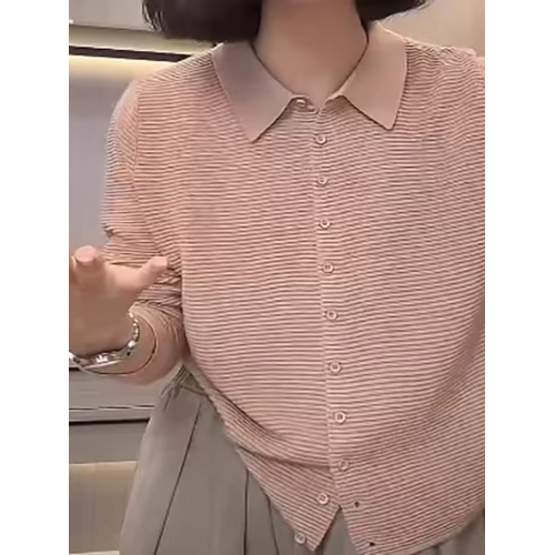 2025夏季新款女裝黃色翻領短袖毛針織衫女寬松套頭打底衫時尚洋氣