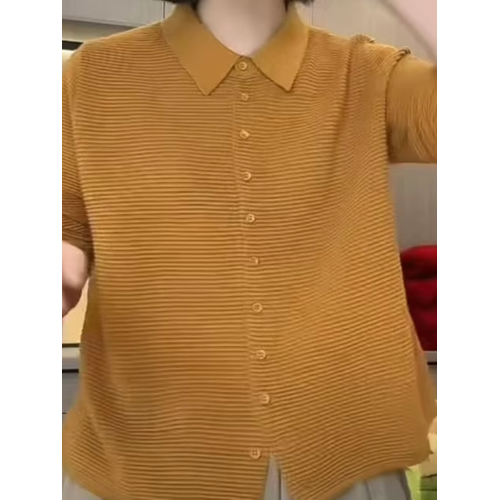 2025夏季新款女裝黃色翻領短袖毛針織衫女寬松套頭打底衫時尚洋氣