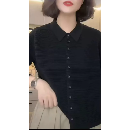 2025夏季新款女裝黃色翻領短袖毛針織衫女寬松套頭打底衫時尚洋氣