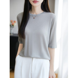 五分袖針織衫女圓領水溶羊毛衫薄款寬松春秋夏打底衫簡約大方半袖