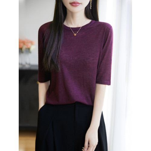 五分袖針織衫女圓領水溶羊毛衫薄款寬松春秋夏打底衫簡約大方半袖