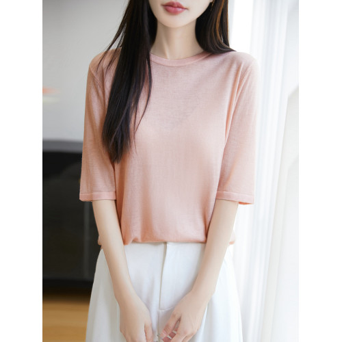 五分袖針織衫女圓領水溶羊毛衫薄款寬松春秋夏打底衫簡約大方半袖