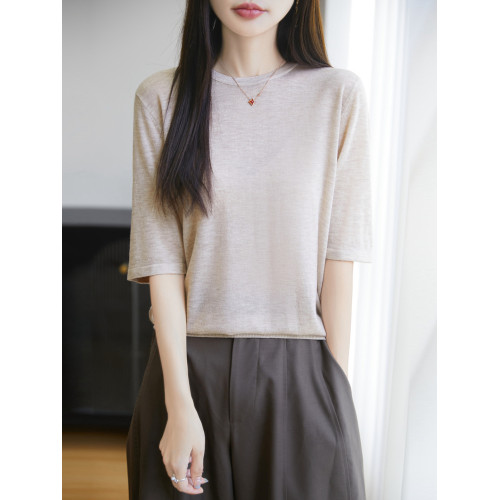 五分袖針織衫女圓領水溶羊毛衫薄款寬松春秋夏打底衫簡約大方半袖