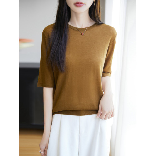 五分袖針織衫女圓領水溶羊毛衫薄款寬松春秋夏打底衫簡約大方半袖