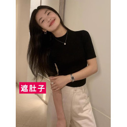 大碼高級感氣質黑色半高領針織打底衫女胖mm春秋顯瘦中袖內搭上衣