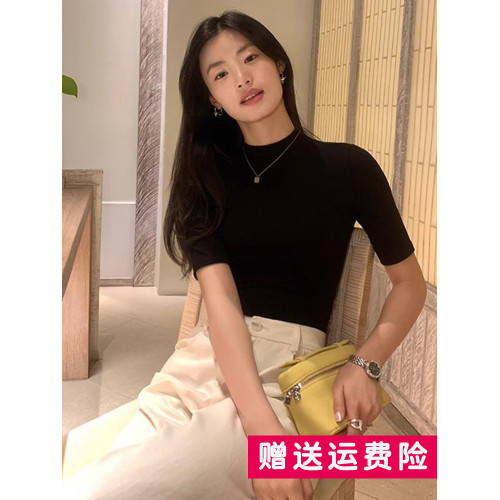 大碼高級感氣質黑色半高領針織打底衫女胖mm春秋顯瘦中袖內搭上衣