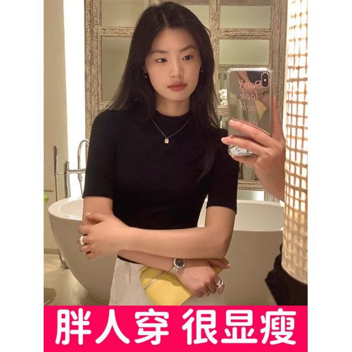 大碼高級感氣質黑色半高領針織打底衫女胖mm春秋顯瘦中袖內搭上衣