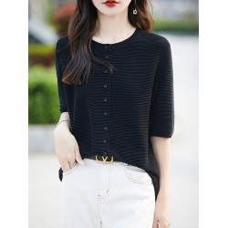 時尚洋氣天絲短袖開衫女圓領寬松中袖針織外套純色百搭針織打底衫