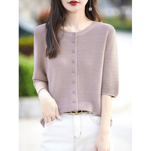 時尚洋氣天絲短袖開衫女圓領寬松中袖針織外套純色百搭針織打底衫