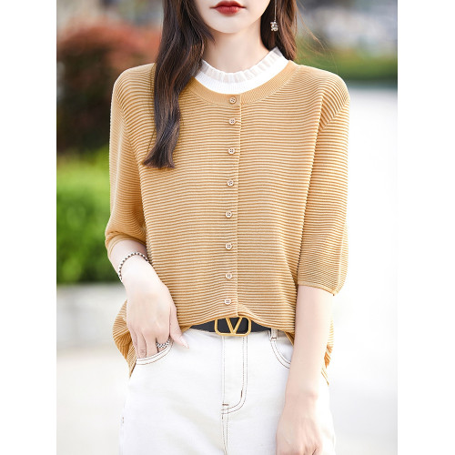 時尚洋氣天絲短袖開衫女圓領寬松中袖針織外套純色百搭針織打底衫