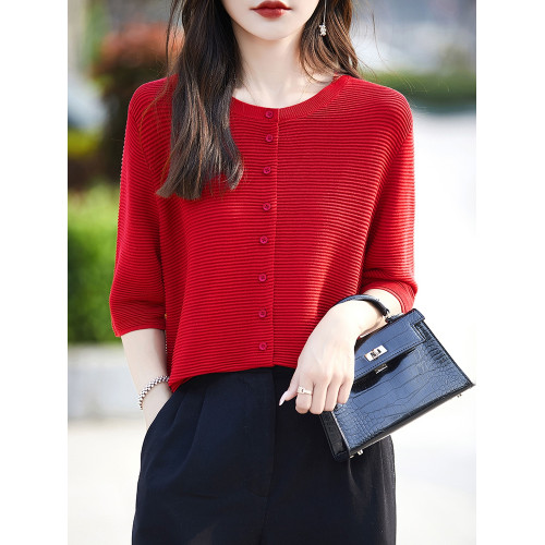 時尚洋氣天絲短袖開衫女圓領寬松中袖針織外套純色百搭針織打底衫